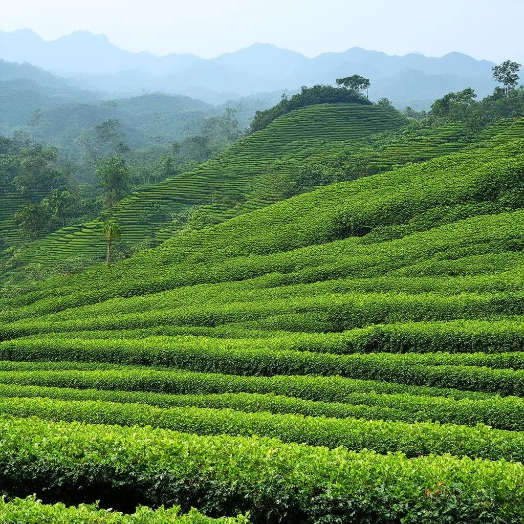 Vast tea plantation stretching across rolling hills